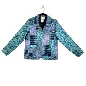 Coldwater Creek Silk Jacket, Medium, Blue Teal Floral Patchwork Cottagecore
